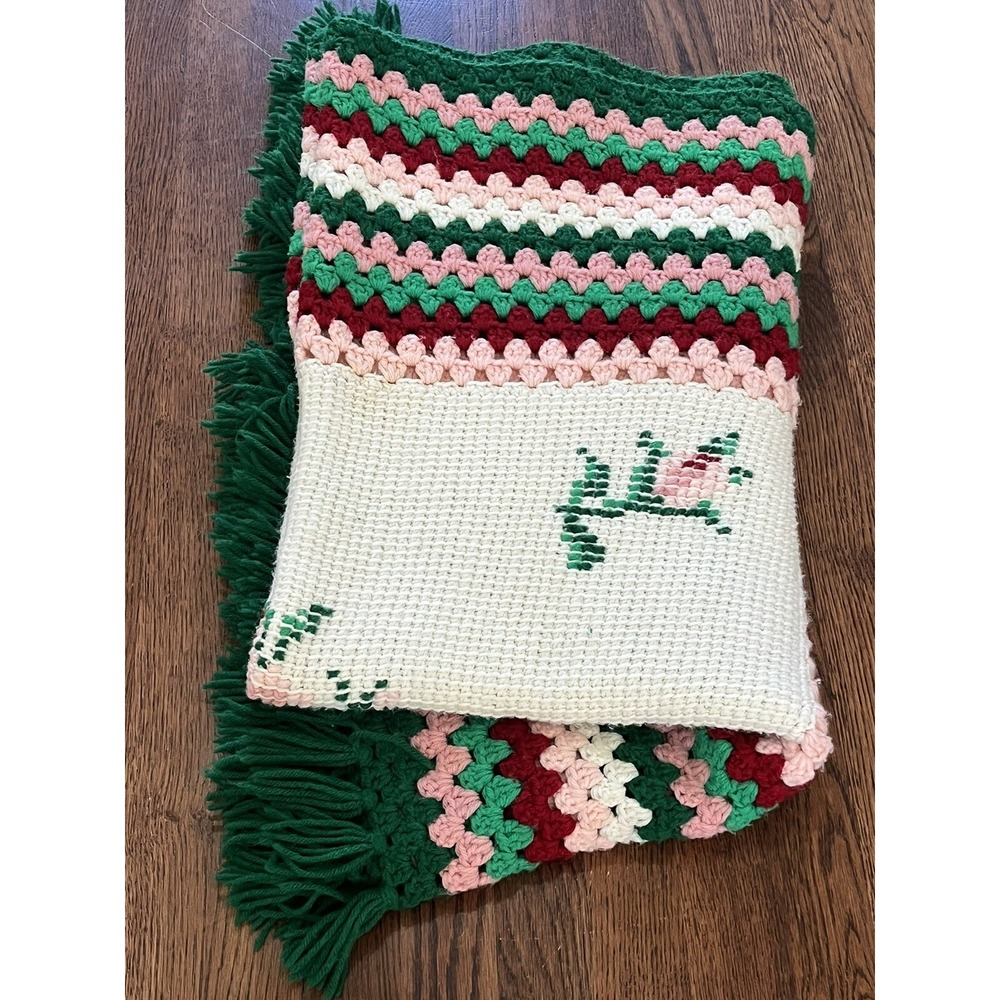 Vintage Afghan Crochet Throw Blanket GUC Rose Fringe 46"x58" granny grandma